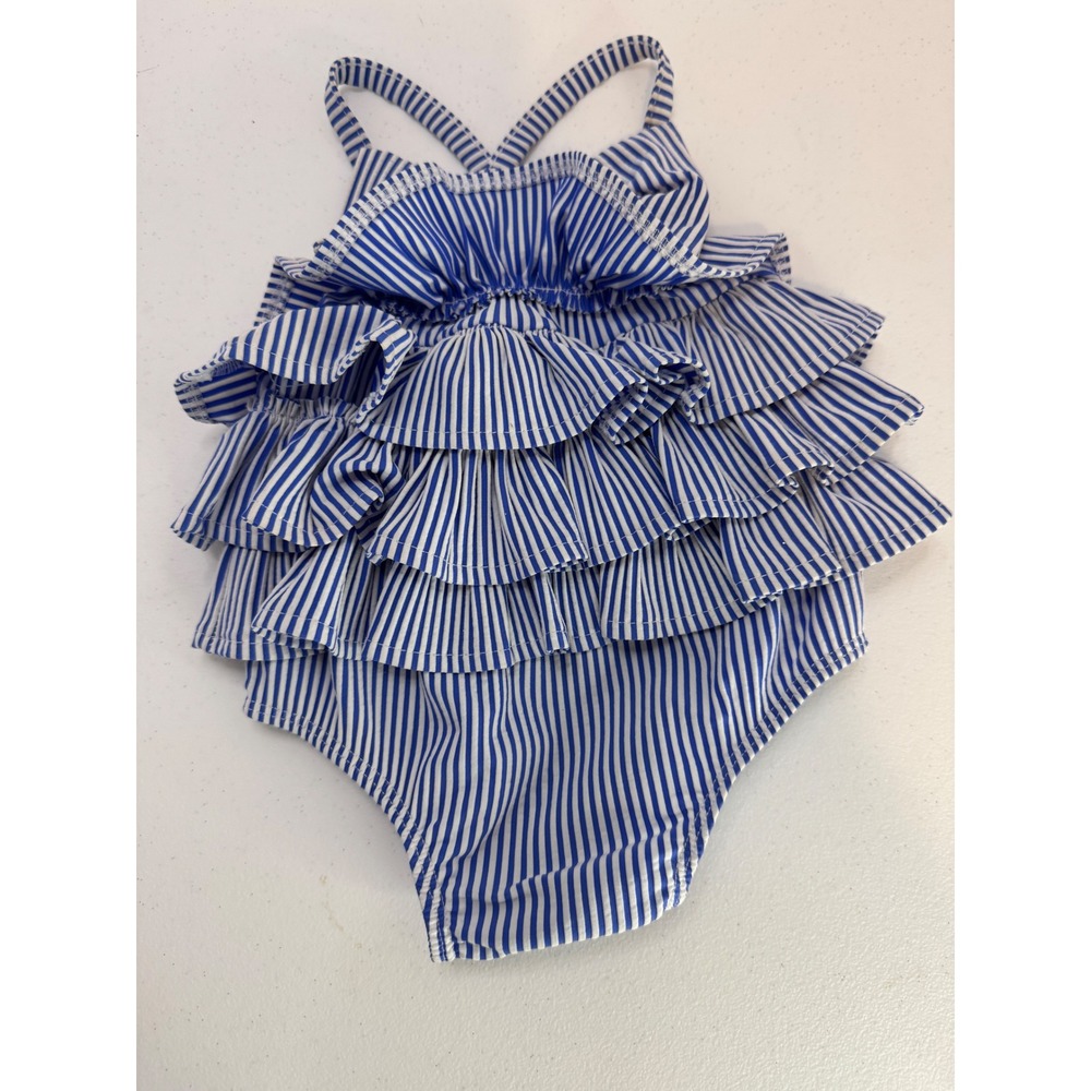 Mud Pie Baby Girls Blue White Striped Ruffle One Piece Swimsuit 6-9M Seersucker